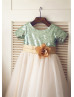 Short Sleeves Mint Sequin Ivory Tulle Floor Length Flower Girl Dress